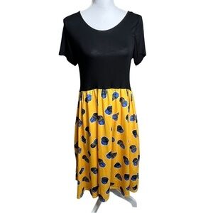 Enmain Dress Women's Medium Short Sleeve Midi Black Yellow Stretch